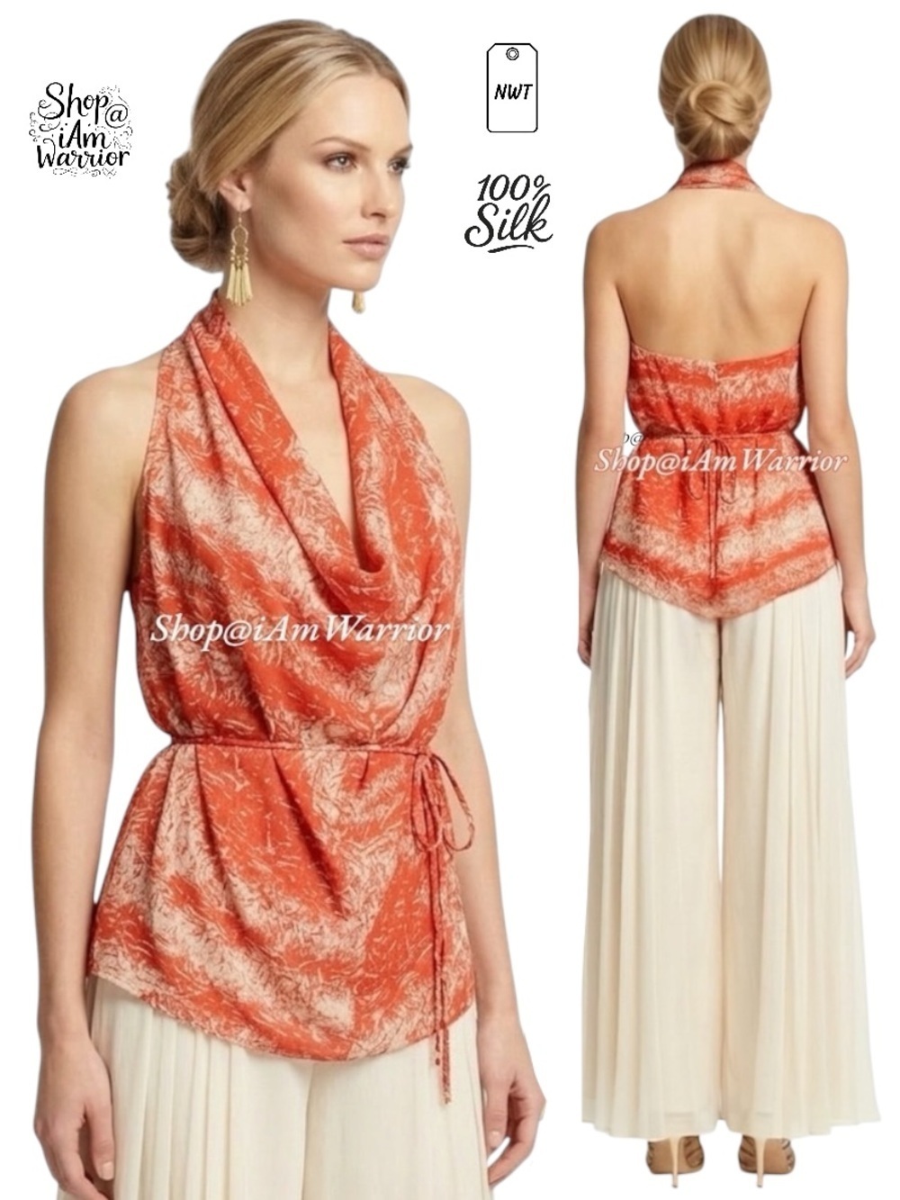 Rachel Zoe NWT 100% Silk Draped Halter Printed Cowl Neck Belted Blouse